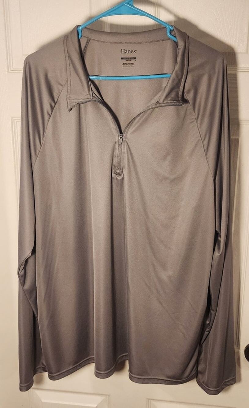 Hanes Mens 2XL Gray Long Sleeve Performance Henley Shirt Silky Poly
